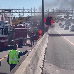 VIDEO NOW: Car on fire closes lane on I-95 North in Providence